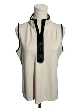 WSH56 {Anne Klein} Ivory Faux Black Leather Trim Sleeveless 1/4 Zip Tank Top